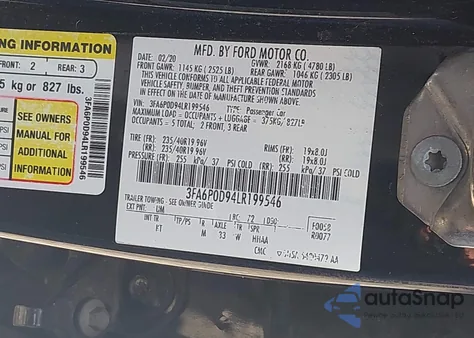 2020 Ford Fusion Titanium z USA, uszkodzony, nr VIN 3FA6P0D94LR199546